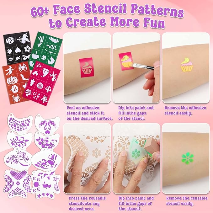 Kids Face Painting Kit with Organizer Box - Rainbow Color Non Toxic & Washable Face Paint Set with Stencils, Brush & Gems Kids Party Makeup for Halloween, Carnival & Costume