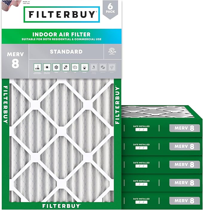 Filterbuy 18x30x2 Air Filter MERV 8 Essential Dust & Allergy Defense (6-Pack), Electrostatic Pleated HVAC AC Furnace Filters Replacement (Actual Size: 17.50 x 29.50 x 1.75)