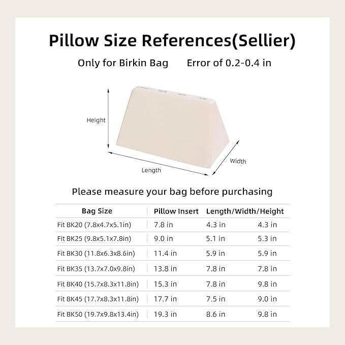 DGAZ Purse Pillow Shaper Insert,Luxury Handbag Tote Shapers, Memory Foam- Fits Birkin 20/25/30/35/40/45/50 Bag(Craie,BK30 Sellier)