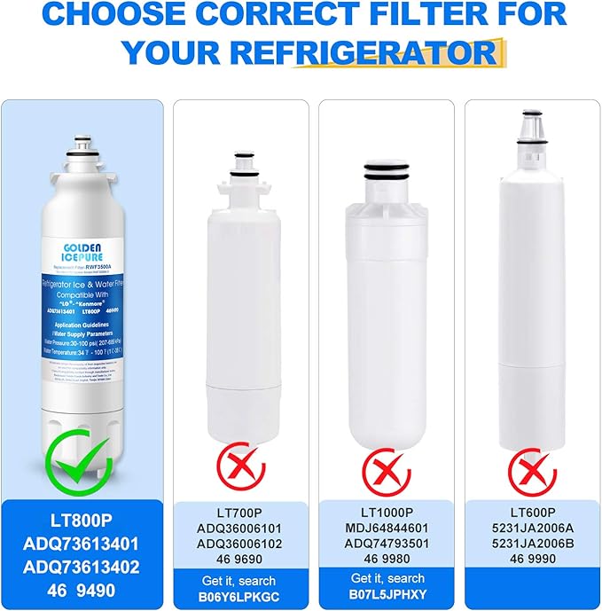GOLDEN ICEPURE RWF3500A Refrigerator Water Filter & Air Filter Combo, Compatible with LG LT800P, Kenmore 469490, ADQ73613401, LSXS26366D, LUPXS3186N, LSXS26366S, LT120F, FL-RF20, R-9490, DWF-35