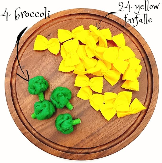 Pasta with broccoli, farfalle, bow tie pasta, felt play food for kids kitchen, pretend play for kids (yellow, set 4 (farfalle, broccoli))