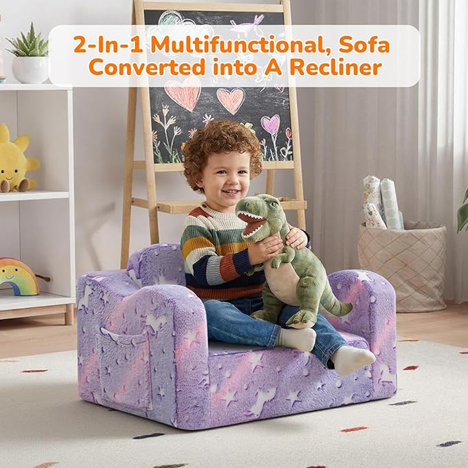 MeMoreCool Glowing Lavender Unicorn Kids Chair, 2-in-1 Convertible Kids Couch with Glow-in-the-Dark Purple Unicorn Design, Fold-Out Foam Sofa for Girls Ages 1-3, Washable Cover, Playroom Lounger | Reading, Relaxing