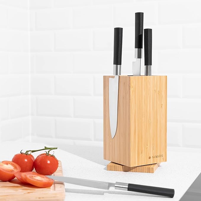 Navaris Bamboo Kitchen Knife Block - Magnetic Rotating Bristle Knife Holder - Universal Knife Block Storage Stand with Bristles - 9.8" x 4.9" x 4.9"