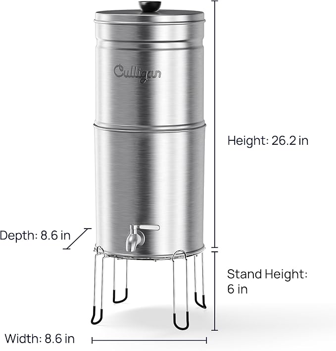 Culligan MaxClear 2.25 Gallon Gravity Water Filter System, Brushed Stainless-Steel Countertop Water Filter NSF/ANSI Certified to Reduce Microplastics, Lead & Total PFAS, with 2 Ceramic Filters