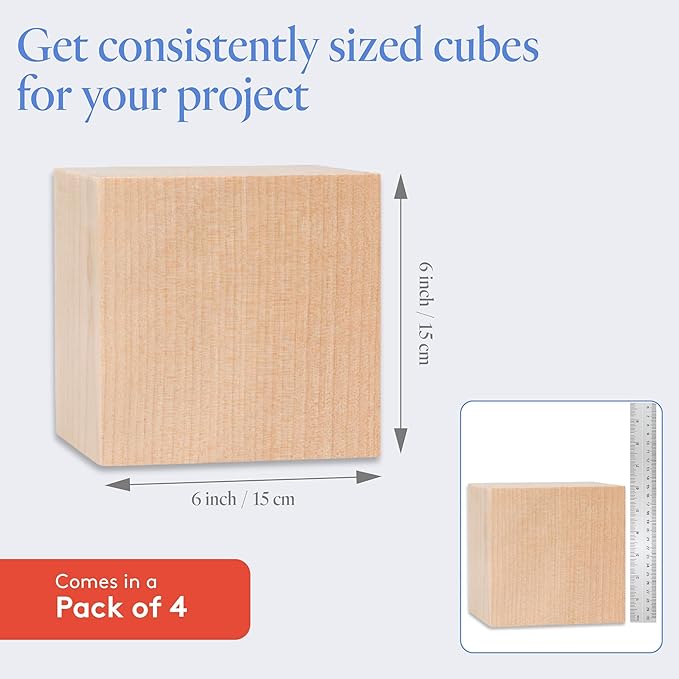 DIY Wood Cubes 6-inch, Pack of 4 Large Blank Wooden Blocks for Crafts, STEM, Building, Monitor Riser, Photo Cube Craft, and Home Decor, by Woodpeckers