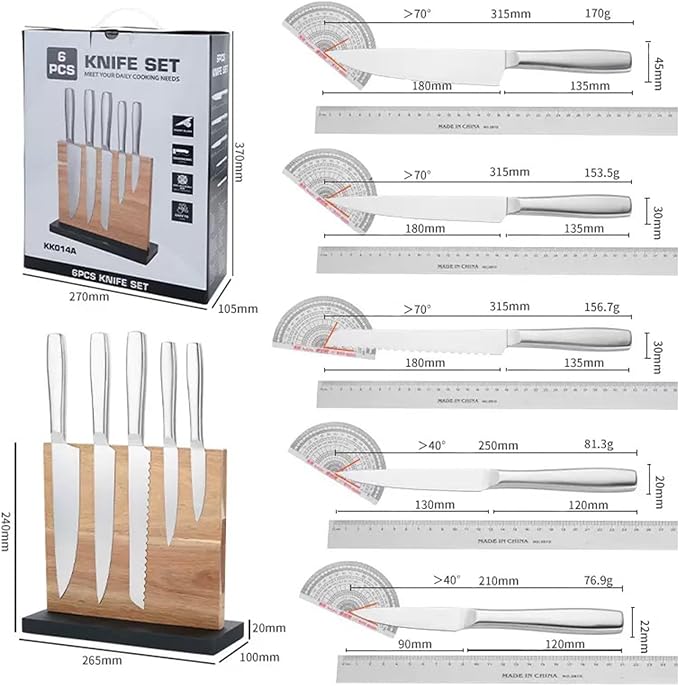 Silver Knife Set，6-Piece Stainless Steel Non-stick Dishwasher Safe Kitchen Knife Block Sets,With Double Sided Wooden Magnetic Block Holder,Gift for Housewarming Cooking Wedding