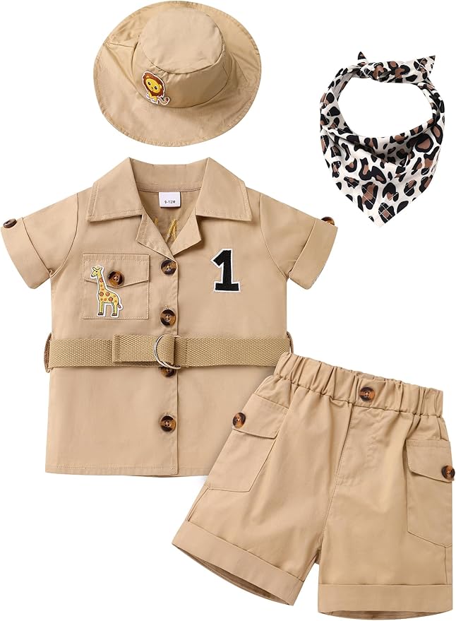 ODASDO Baby Boy Jungle Safari 1st Birthday Cake Smash Outfit Button Down Shirt + Shorts + Hat + Bandana + Belt 5pcs Set