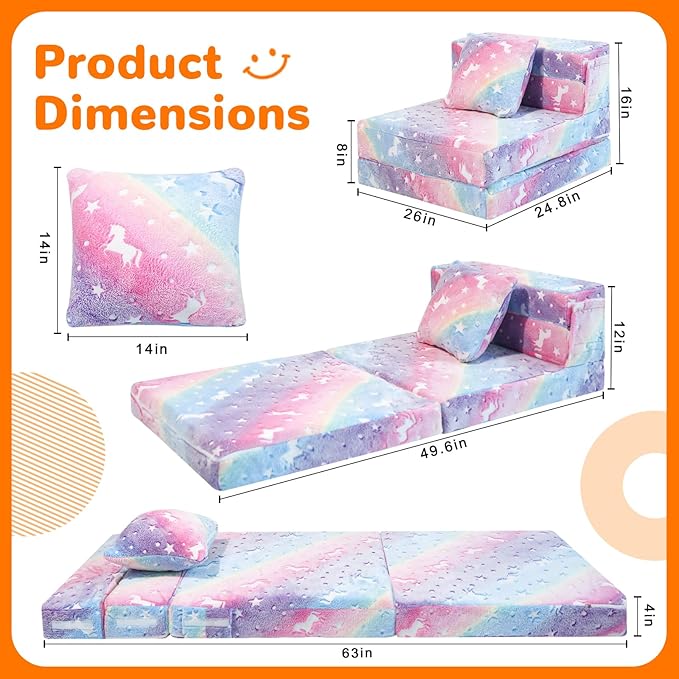MeMoreCool Glow Rainbow Unicorn Tri-fold Sofa Bed for Kids, Foldable Futon Mattress, Chair, and Floor Couch for Playroom