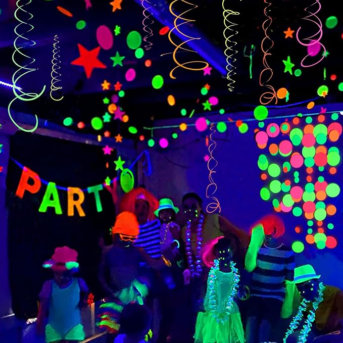 115feet Paper UV Round Neon Garland Streamers Black Light Decorations for Glow Party Supplies and Decorations UV Reactive Neon Party Favors Glow in The Dark for Wedding Birthday Banners