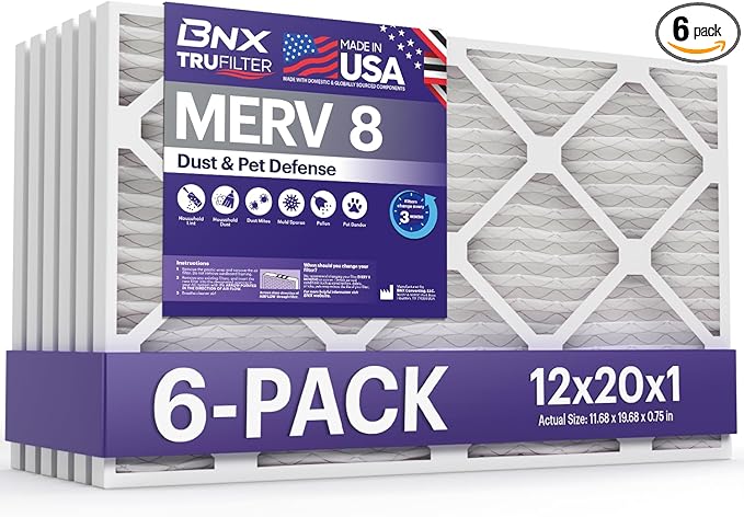 BNX TruFilter 12x20x1 Air Filter MERV 8 (6-Pack) - MADE IN USA – Dust & Pet Defense Pleated Air Conditioner HVAC AC Furnace Filters for Dust, Pet, Mold, Pollen MPR 600 – 700 & FPR 5