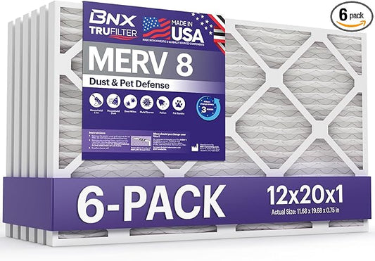 BNX TruFilter 12x20x1 Air Filter MERV 8 (6-Pack) - MADE IN USA – Dust & Pet Defense Pleated Air Conditioner HVAC AC Furnace Filters for Dust, Pet, Mold, Pollen MPR 600 – 700 & FPR 5