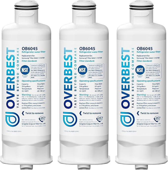 Overbest DA97-17376B Refrigerator Water Filter, Replacement for Samsung® HAF-QIN/EXP, HAF-QIN, DA97-08006C, RF28R7201SR, RF28R7351SG, RF23M8070SR, RF23M8090SG, OB6045, 3 Pack