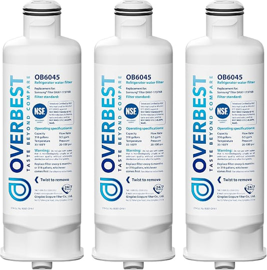 Overbest DA97-17376B Refrigerator Water Filter, Replacement for Samsung® HAF-QIN/EXP, HAF-QIN, DA97-08006C, RF28R7201SR, RF28R7351SG, RF23M8070SR, RF23M8090SG, OB6045, 3 Pack
