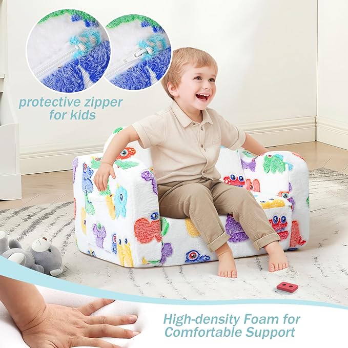 MeMoreCool Glowing Alphabet Monster Kids Chair - 2-in-1 Foldable Kids Couch with Light-Up Letters, Convertible Fold-Out Lounge Seat, Soft Foam Sofa with Washable Cover for Boys and Girls Ages 1-3 | Playroom Seating