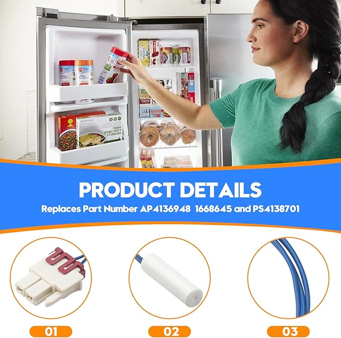 DA32-10109W Refrigerator Temperature Sensor Defrost Thermistor 13.2KΩ @ 25°C, Fit for Samsung Kenmore Maytag Refrigerator, Replaces DA32-10104F AP4136948 1668645 PS4138701