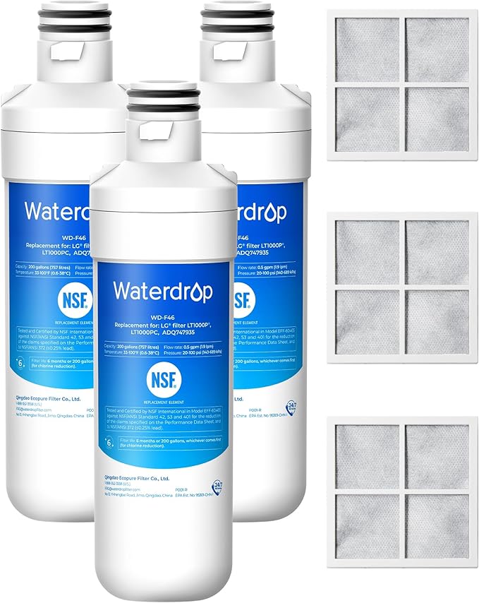 Waterdrop ADQ747935 LT1000PC Replacement for LG® LT1000P®/PC/PCS ThinQ® Refrigerator Water Filter, LFXS26973S, LMXS28626S, LMWS27626S, LFXS28596S, ADQ74793501 and LT120F®, 3 Combo