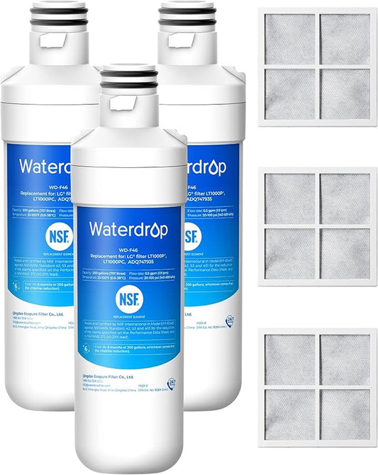 Waterdrop ADQ747935 LT1000PC Replacement for LG® LT1000P®/PC/PCS ThinQ® Refrigerator Water Filter, LFXS26973S, LMXS28626S, LMWS27626S, LFXS28596S, ADQ74793501 and LT120F®, 3 Combo