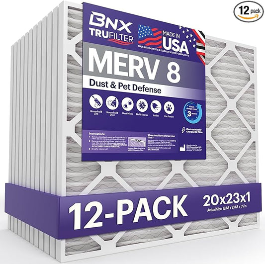 BNX TruFilter 20x23x1 Air Filter MERV 8 (12-Pack) - MADE IN USA – Dust & Pet Defense Electrostatic Pleated Air Conditioner HVAC AC Furnace Filters for Dust, Pet, Mold, Pollen MPR 600 – 700 & FPR 5