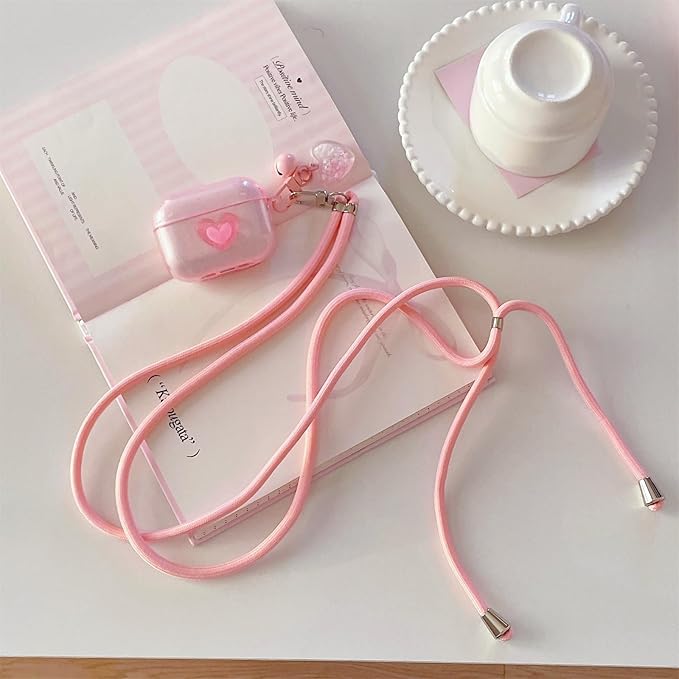 Pink Transparent Glitter with 3D Raised Heart Silicone Case for AirPods Pro 3 (2025) - Cute Shockproof Cover with Detachable Long Neck Lanyard, Travel Keychain, MagSafe Compatible,for Women