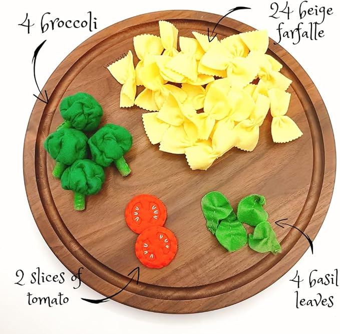 Pasta with broccoli, farfalle, bow tie pasta, felt play food for kids kitchen, pretend play for kids (beige, set 2 (farfalle, broccoli, tomatoes, basil))
