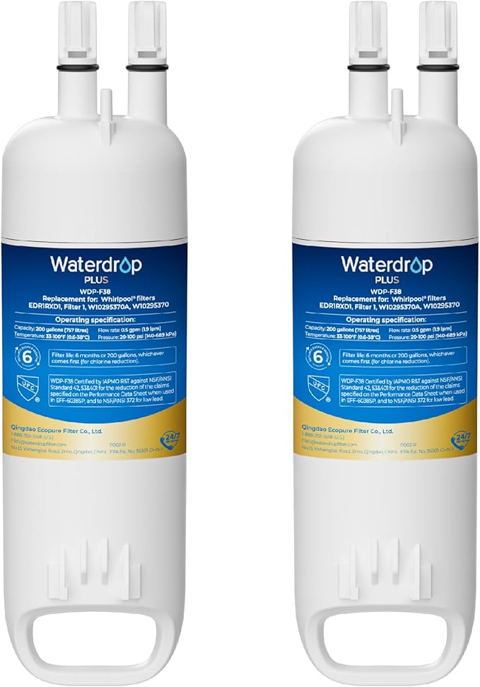 Waterdrop Plus W10295370A Replacement for Filter 1, EDR1RXD1, EDR1RXD1B, P8RFWB2L, 46-9930, WDP-F38 Refrigerator Water Filter, 2 Pack