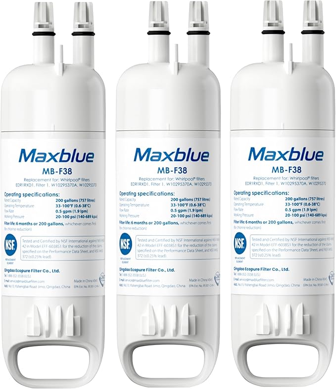 Maxblue W10295370A Replacement for Everydrop® Filter 1, Whirlpool® EDR1RXD1, EDR1RXD1B, P8RFWB2L, P4RFWB, Kenmore® 46-9081, 46-9930, MB-F38 Refrigerator Water Filter, 3 Filters (Package May Vary)