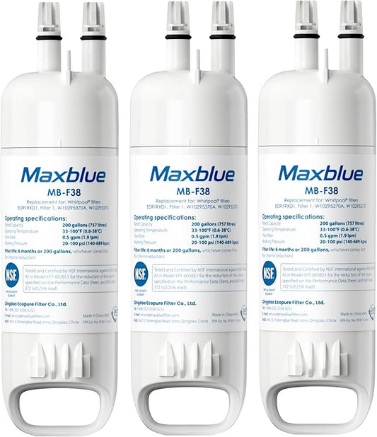 Maxblue W10295370A Replacement for Everydrop® Filter 1, Whirlpool® EDR1RXD1, EDR1RXD1B, P8RFWB2L, P4RFWB, Kenmore® 46-9081, 46-9930, MB-F38 Refrigerator Water Filter, 3 Filters (Package May Vary)