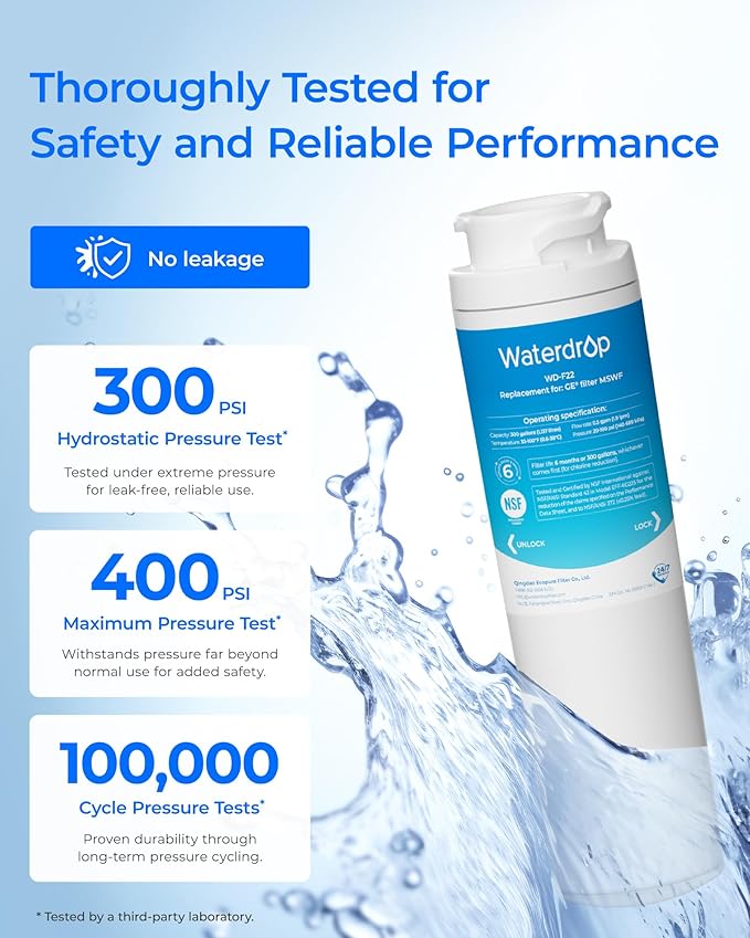 Waterdrop MSWF Refrigerator Water Filter, Replacement for GE® MSWF, 101820A, 101821B, RWF1500A, NSF 42&372 Certified, Pack of 3