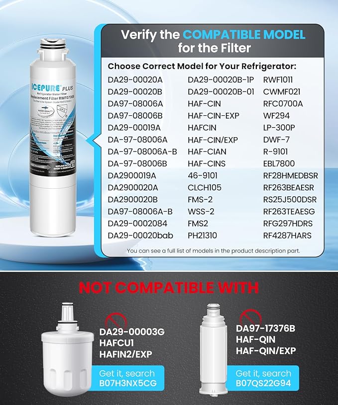 ICEPURE PLUS DA29-00020B NSF/ANSI 53 & 42 Certified Refrigerator Water Filter, Remove Lead, Replacement for Samsung HAF-CIN/EXP HAF-CIN DA29-00020B-1 HDX FMS-2 RF28HMEDBSR RF263BEAESR RF4287HARS 3PACK