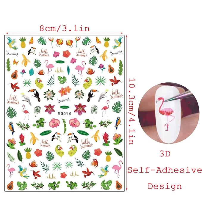 Summer Nail Art Stickers Holographic 3D Self-Adhesive Sticker Design Bikini Flamingo Beach Starfish Fruits Ice Cream Leaf Nail Art Decals for Women Girls Manicure Decoration DIY Nail Decal Supplies