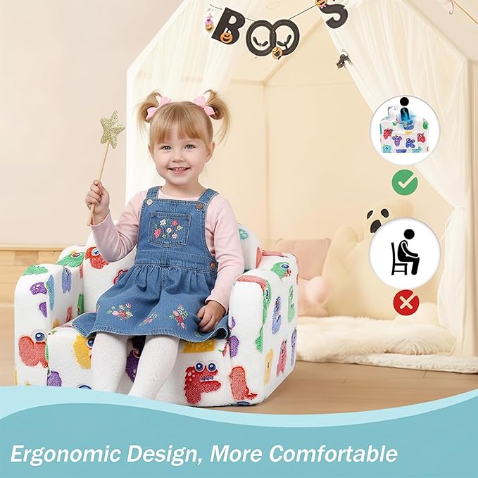 MeMoreCool Glowing Alphabet Monster Kids Chair - 2-in-1 Foldable Kids Couch with Light-Up Letters, Convertible Fold-Out Lounge Seat, Soft Foam Sofa with Washable Cover for Boys and Girls Ages 1-3 | Playroom Seating