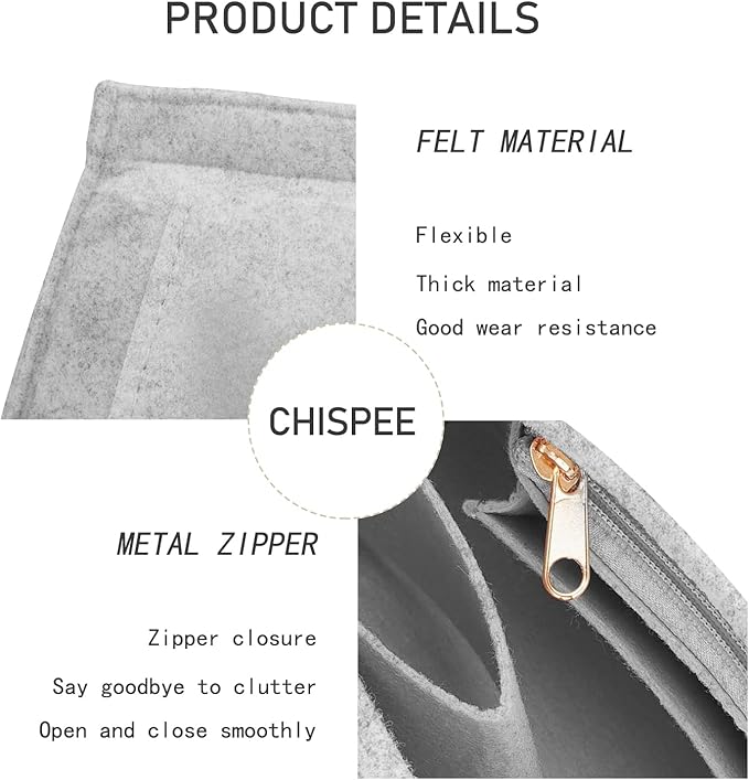 Chispee Handbag Organizers for Longchamp Felt Purse Divider Organizer Insert Pocket & Zipper Inner Bag Liner fit Large, Light Grey