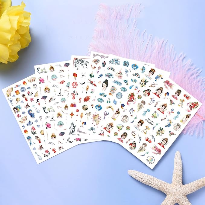 Chinese Style Nail Art Stickers, Flowers Nail Art Decals 3D Self-Adhesive Nail Sticker Design Holographic Floral Chinese Classical Beauty Nail Decal Supplies for Women Girls Manicure DIY Decorations