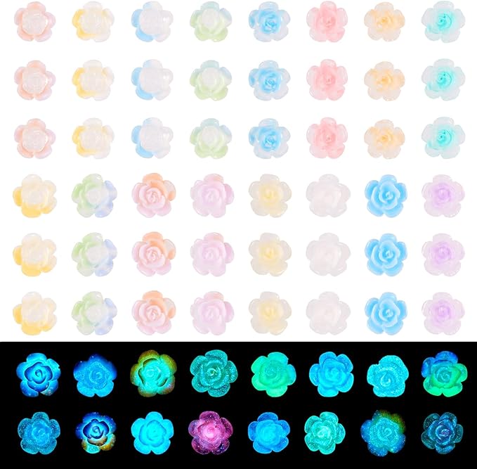 200 Pcs Mini Resin Flower Charms Luminous Rose Flower Flatback Cabochons Glow in The Dark Floral Rose Beads Nail Embellishments for DIY Craft Scrapbooking Hair Clip Decor