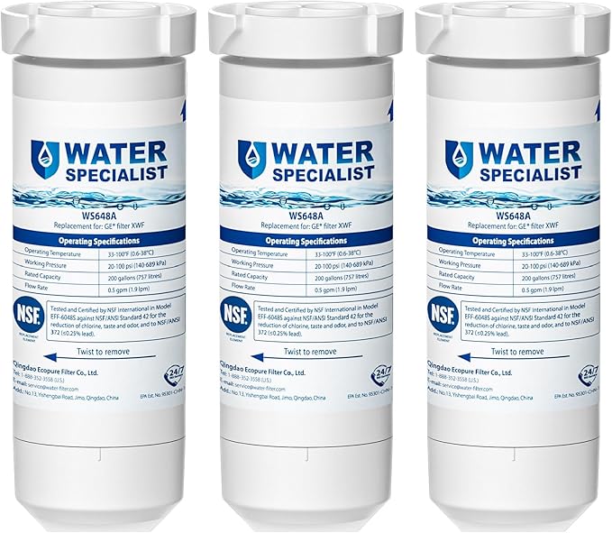 Waterspecialist XWF Replacement for GE® XWF, WR17X30702 Refrigerator Water Filter, NSF 42/372 Certified, Compatible with GE® GNE27, GFE26, GDE25, GSS25 Series Refrigerators, 3-Pack (Not XWFE®)