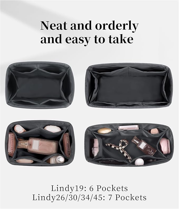 Lindy Bags Organizer Insert, Bag Storage with Silky Satins Material, Lightweight Inner Bag Compatible with Lindy 34 Bag Storage, Handbag Insert with Pockets (Grismeyer, Lindy34)