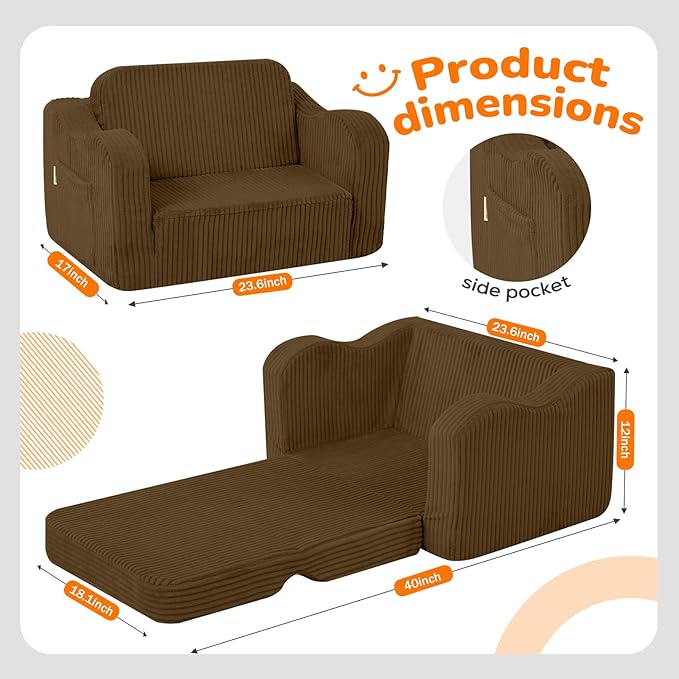 MeMoreCool Toddler Couch, 2-in-1 Corduroy Kids Couch Fold Out to Lounger, Comfy Toddler Chair for 1-3 Year Old, Soft Foam Kids Sofa with Washable Cover for Playroom and Bedroom, Brown