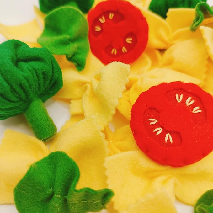 Pasta with broccoli, farfalle, bow tie pasta, felt play food for kids kitchen, pretend play for kids (beige, set 2 (farfalle, broccoli, tomatoes, basil))