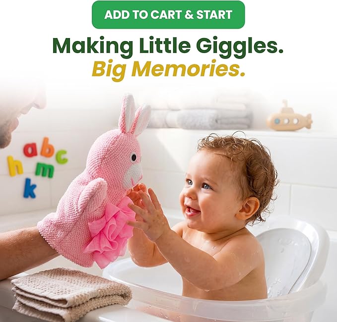 Made Easy Kit Hand Puppet Bath Wash Mitt Towel with Animal Designs with Loofahs for Fun Interactive Bathing Time (Green Yellow Pink Blue)