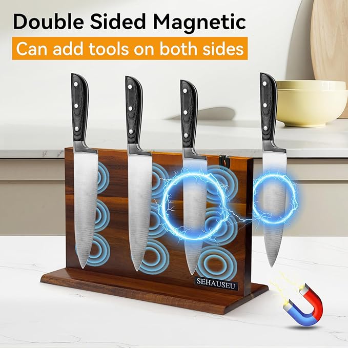 Double Sided Magnetic Knife Stand with sharpener,Kitchen Storage with Strong Magnets for Knives & Utensils,Modern Wooden Knife Block for Kitchen Countertops, Without Knives,14"x10"
