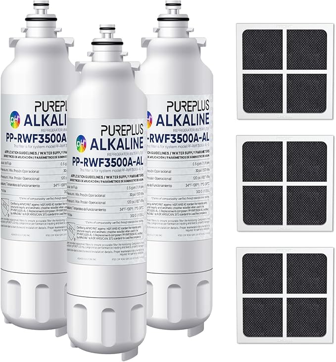 PUREPLUS Alkaline Replacement for ADQ73613401, LG® LT800P®, LT800PC, ADQ736134, ADQ73613402, LSXS26326S, LSXS26366S, LSXS26366D, 46-9490, Refrigerator Water Filter and LT120F® Air Filter, 3Pack