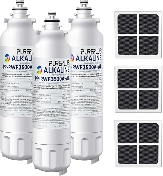 PUREPLUS Alkaline Replacement for ADQ73613401, LG® LT800P®, LT800PC, ADQ736134, ADQ73613402, LSXS26326S, LSXS26366S, LSXS26366D, 46-9490, Refrigerator Water Filter and LT120F® Air Filter, 3Pack