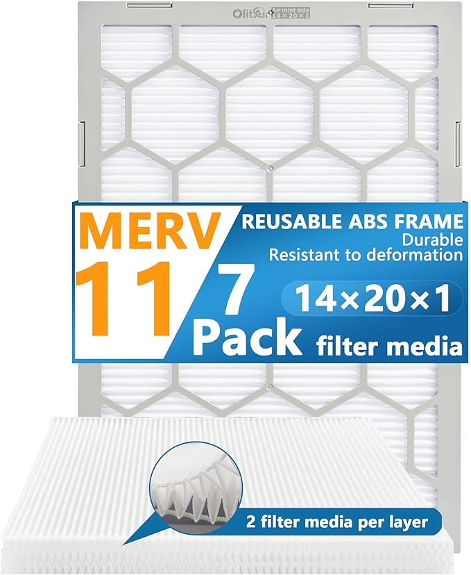 14x20x1 MERV 11 Air Filter,AC Furnace Air Filter,Reusable ABS Plastic Frame, 7 Pack Replaceable Filter Media (Actual Size: 13 3/4" x 19 3/4" x 3/4")