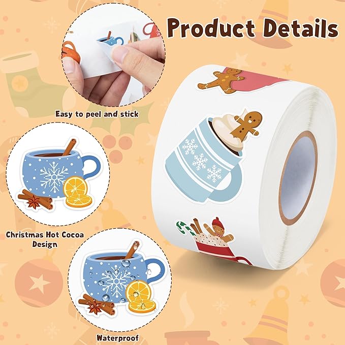 CNhoqc Christmas Cocoa Sticker Rolls - 2000Pcs Winter Hot Cocoa Mug Marshmallow Waterproof Vinyl Decal Reusable Laptop Sticker Scrapbook Water Bottle Junk Journal Party Supplies Skateboard Travel Case