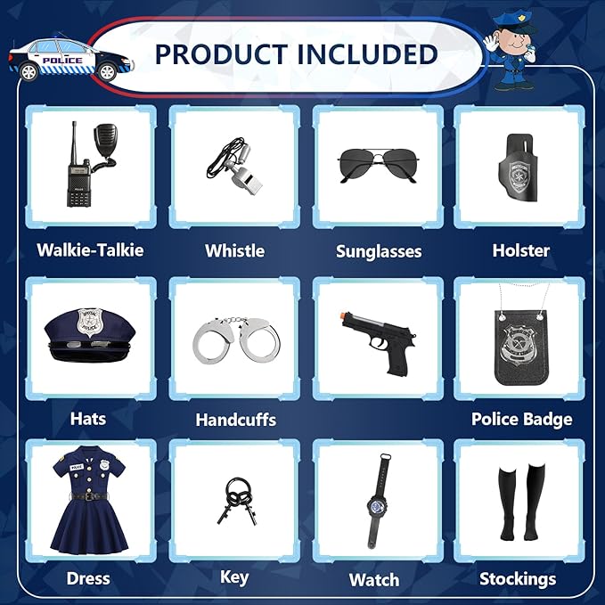 Halloween Police Officer Costume Dress Girls Kids Cop Thief Cosplay Outfits with 9 Pcs Accessories