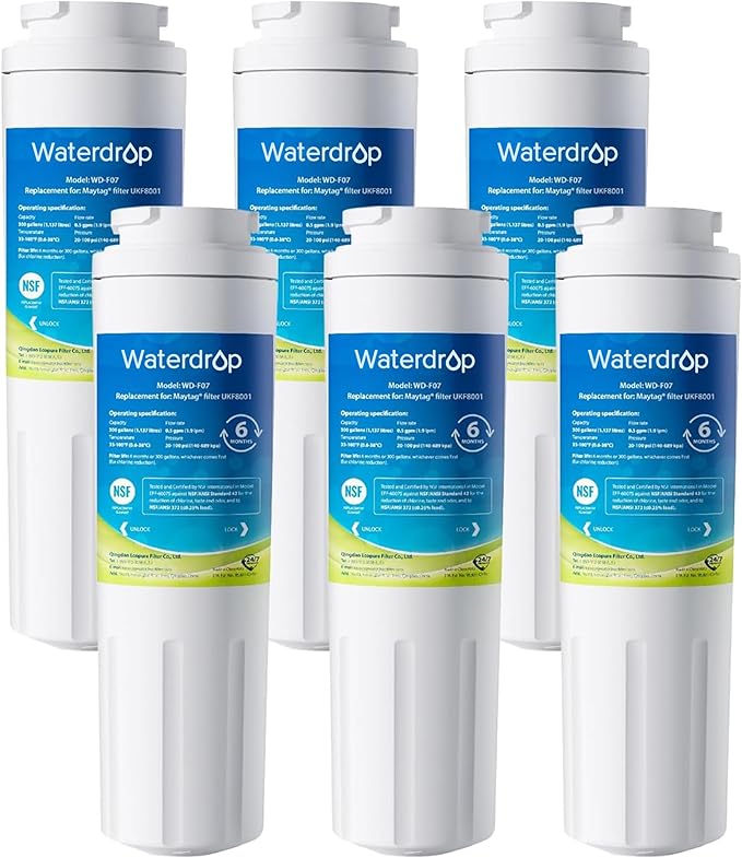 Waterdrop EDR4RXD1 Replacement for EveryDrop® Filter 4, Whirlpool® UKF8001, 4396395, Maytag® UKF8001AXX-200, UKF8001AXX-750, WD-F07, Refrigerator Water Filter, 6 Filters