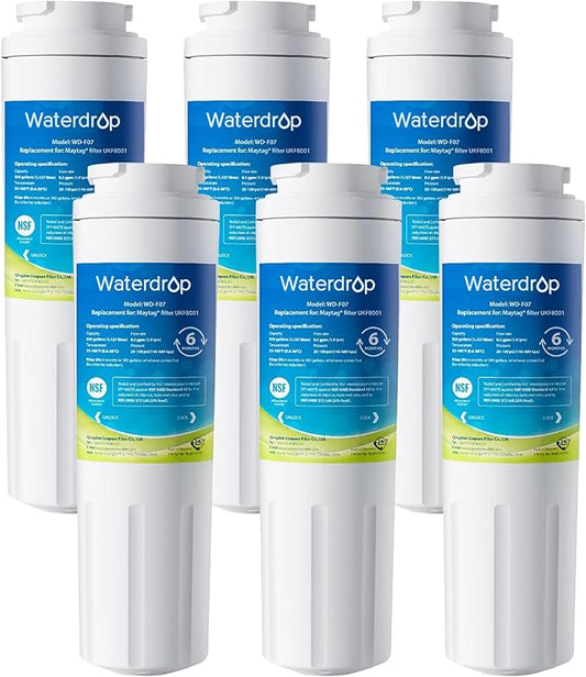 Waterdrop EDR4RXD1 Replacement for EveryDrop® Filter 4, Whirlpool® UKF8001, 4396395, Maytag® UKF8001AXX-200, UKF8001AXX-750, WD-F07, Refrigerator Water Filter, 6 Filters