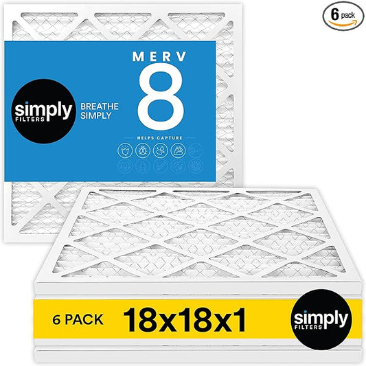 Simply 18x18x1 Air Filter, Merv 8, 6 Pack, For Home AC Furnace & HVAC (Actual Size: 17.75"x17.75"x0.75") DUST, Pet, & Allergy Control