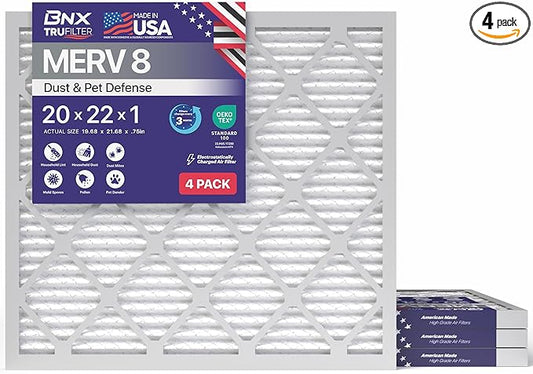 BNX TruFilter 20x22x1 Air Filter MERV 8 (4-Pack) - MADE IN USA – Dust & Pet Defense Electrostatic Pleated Air Conditioner HVAC AC Furnace Filters for Dust, Pet, Mold, Pollen MPR 600 – 700 & FPR 5