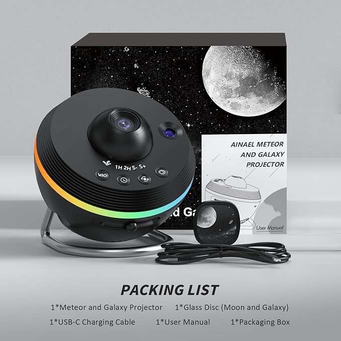 Galaxy Projector, Star Projector Home Planetarium with 1 Glass Projection Disc, 180° Rotatable Starry Sky Night Light with Meteor Effects & Light Strip for Bedroom, Kids & Adults Gift